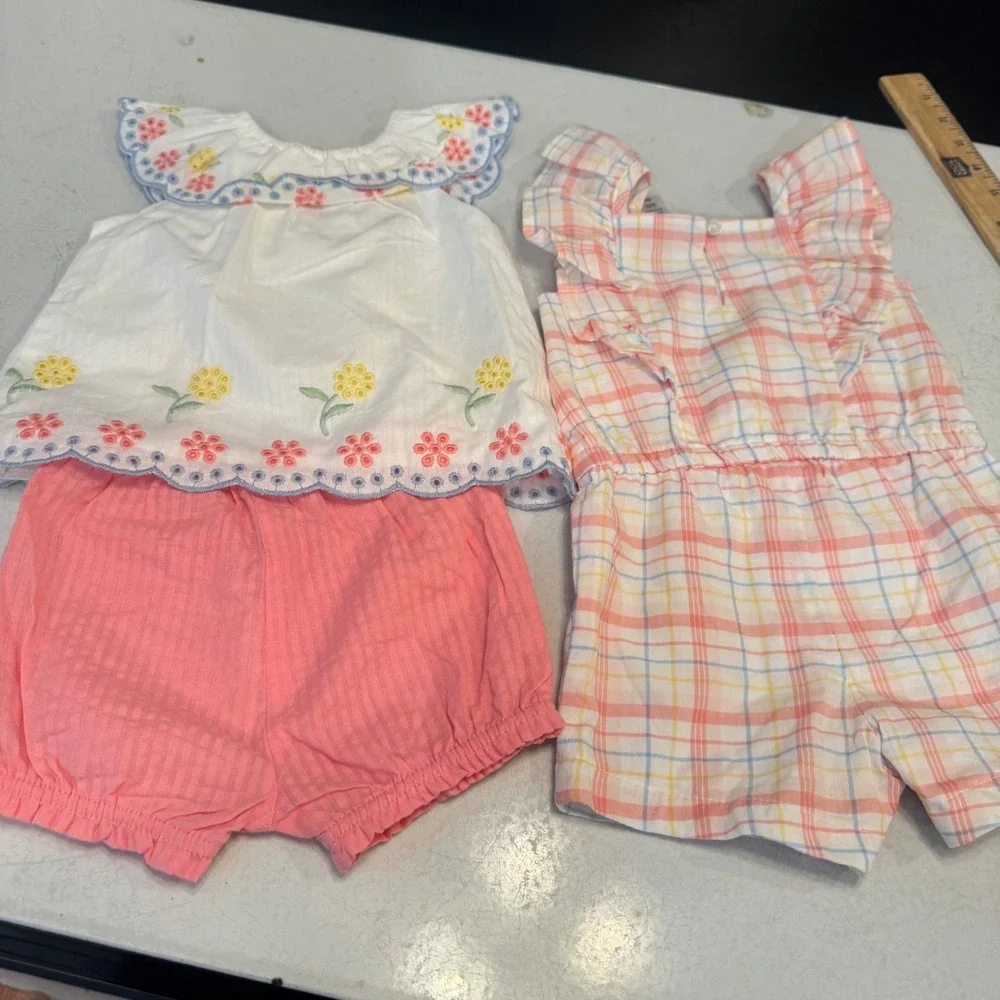 Little Me Outfit Set Romper Baby Girls 6M Pink White Floral Plaid Seersucker 3pc